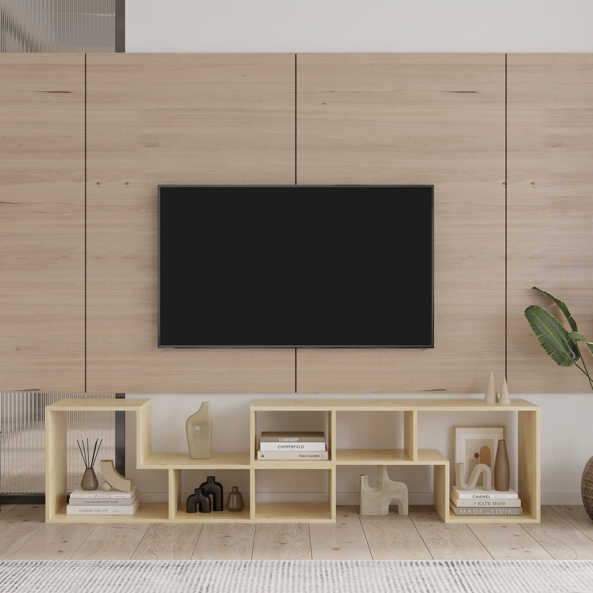 Mueble de TV de roble con doble L