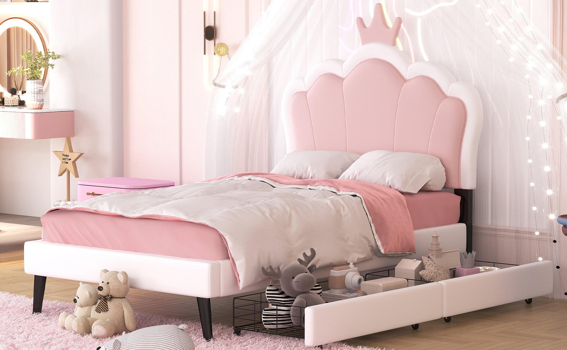 Cama princesa rosa y blanca con cajones