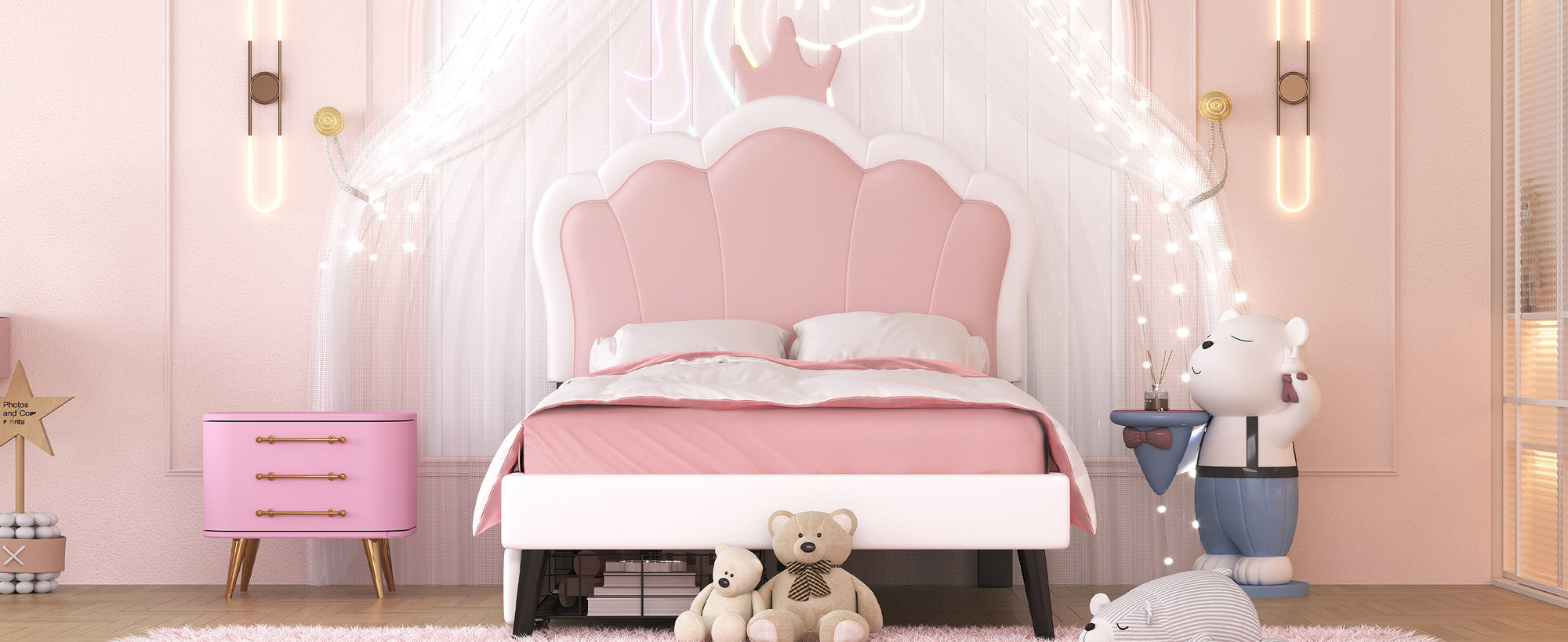 Cama princesa rosa y blanca con cajones