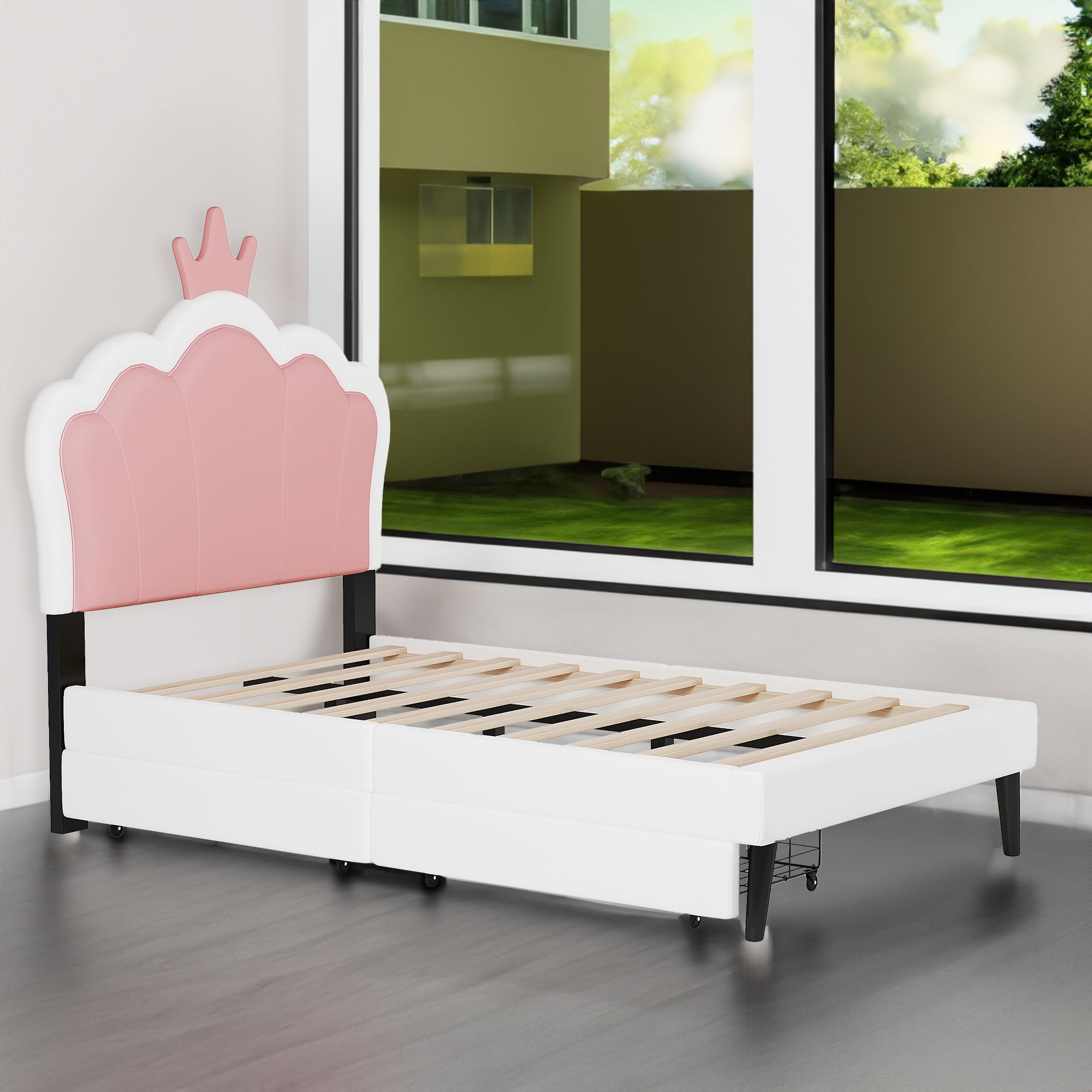 Cama princesa rosa y blanca con cajones