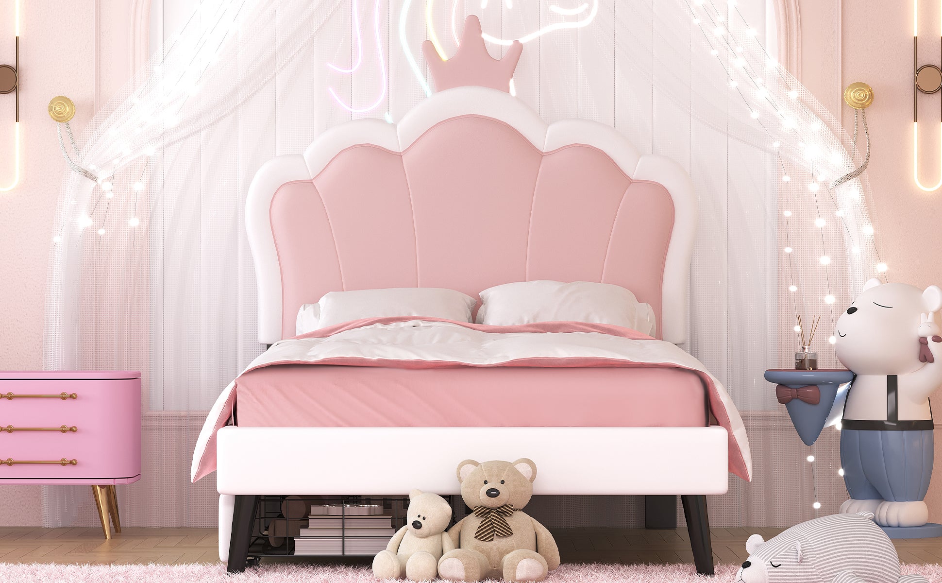 Cama princesa rosa y blanca con cajones