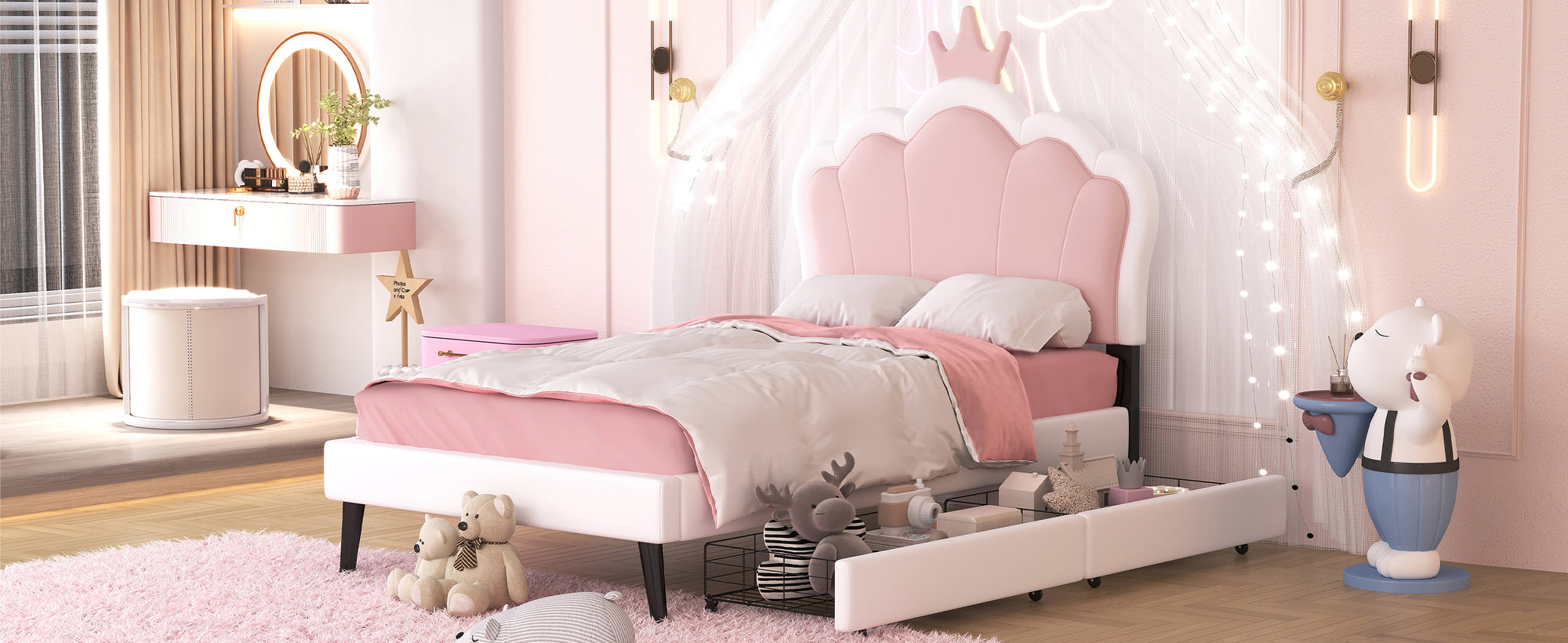 Cama princesa rosa y blanca con cajones