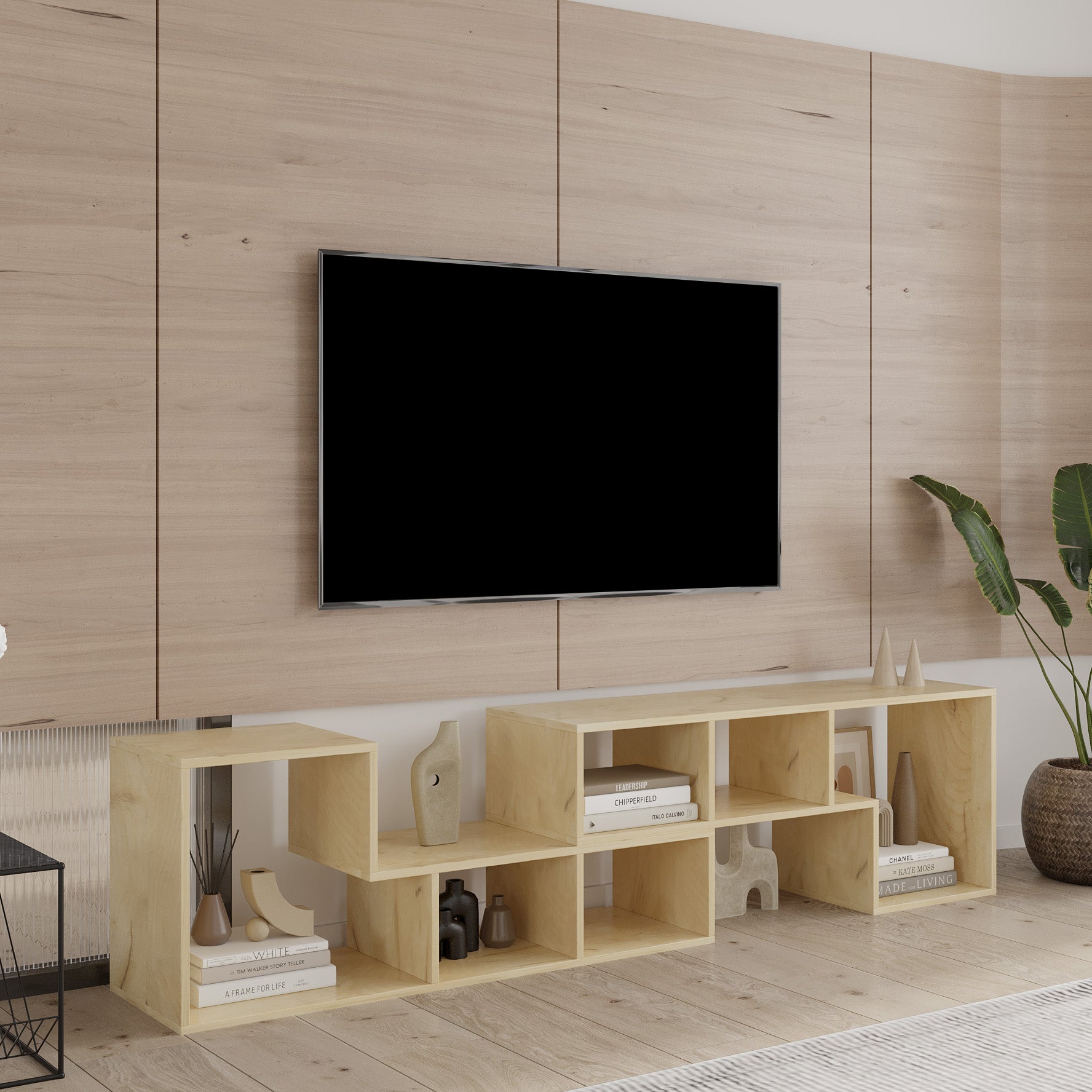 Mueble de TV de roble con doble L