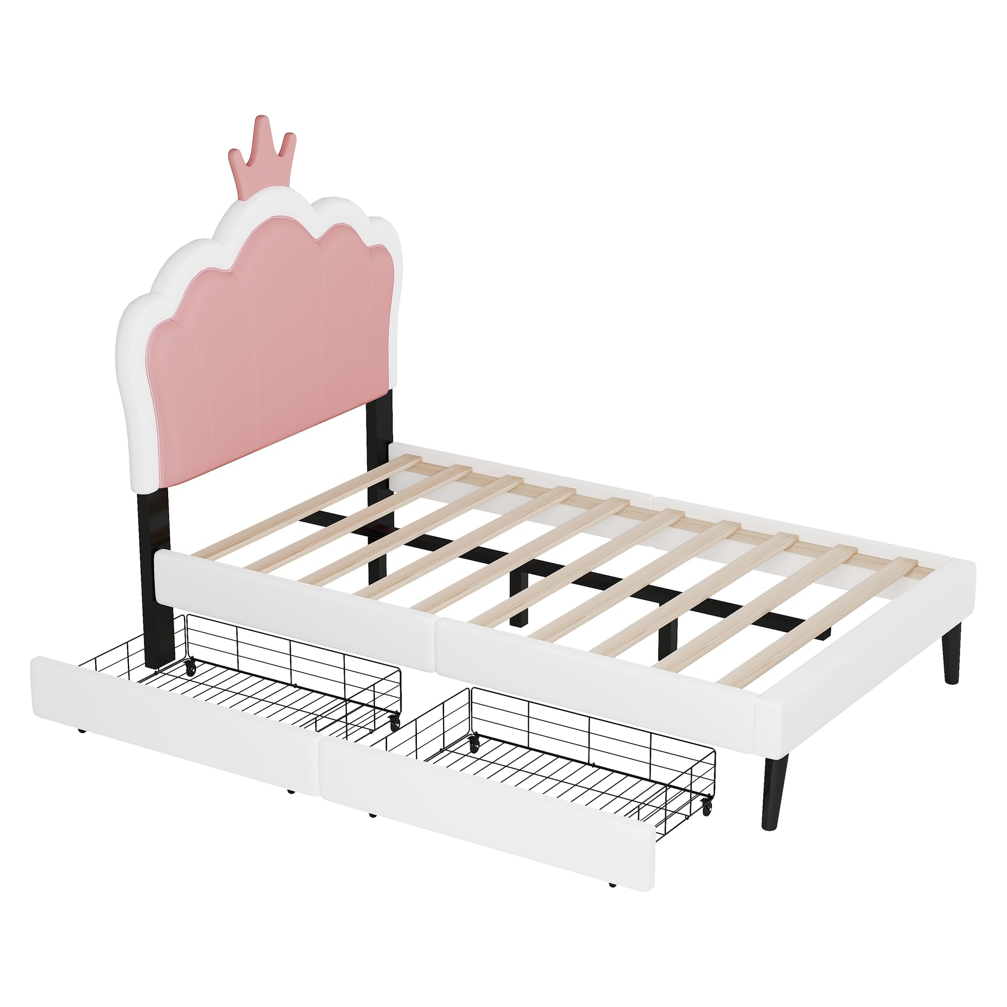 Cama princesa rosa y blanca con cajones