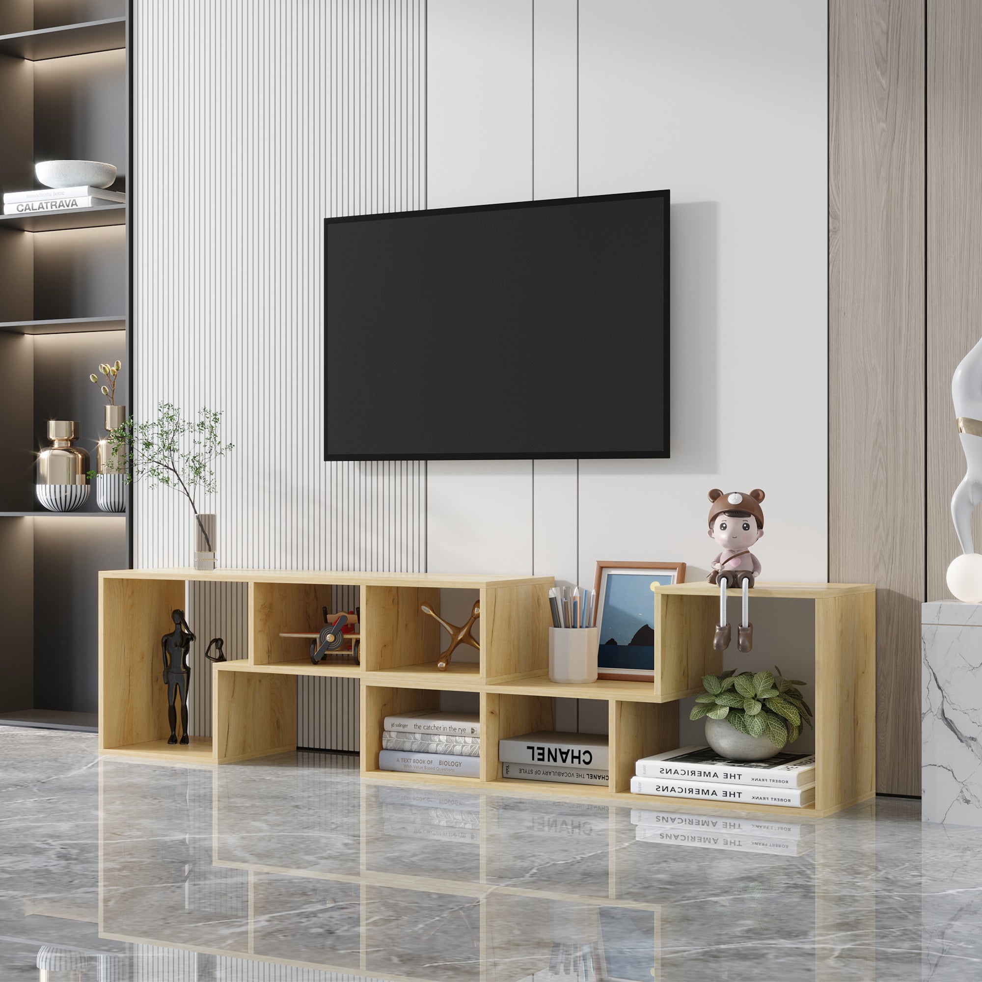 Mueble de TV de roble con doble L