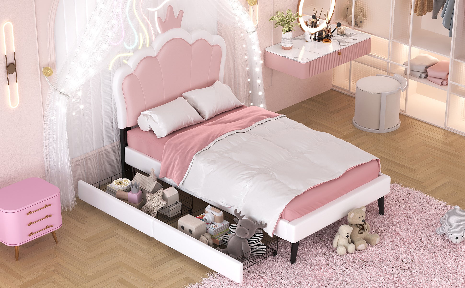 Cama princesa rosa y blanca con cajones