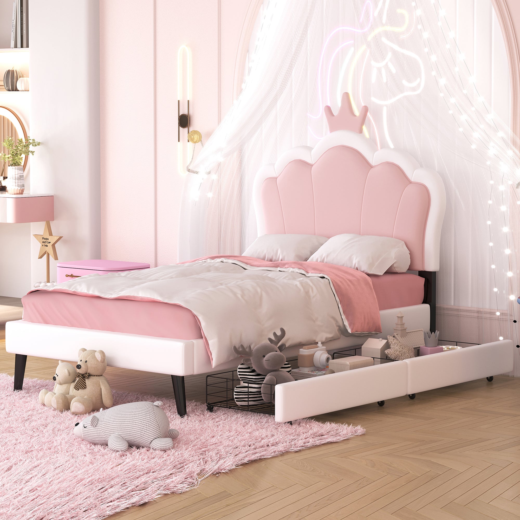 Cama princesa rosa y blanca con cajones