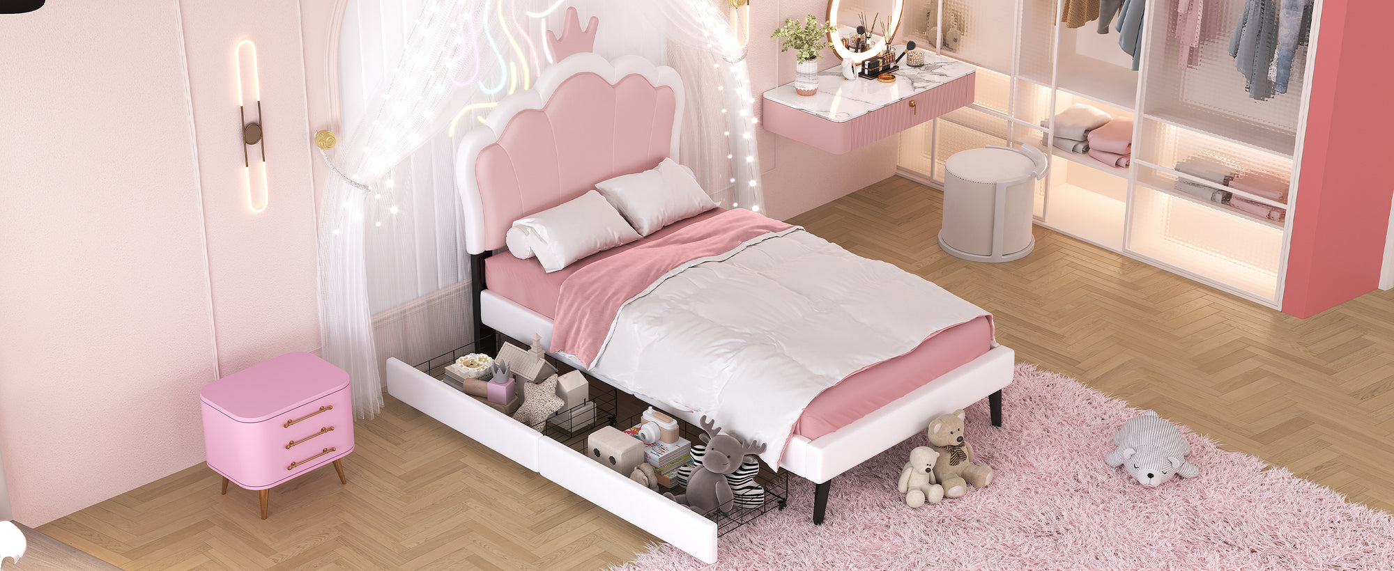 Cama princesa rosa y blanca con cajones