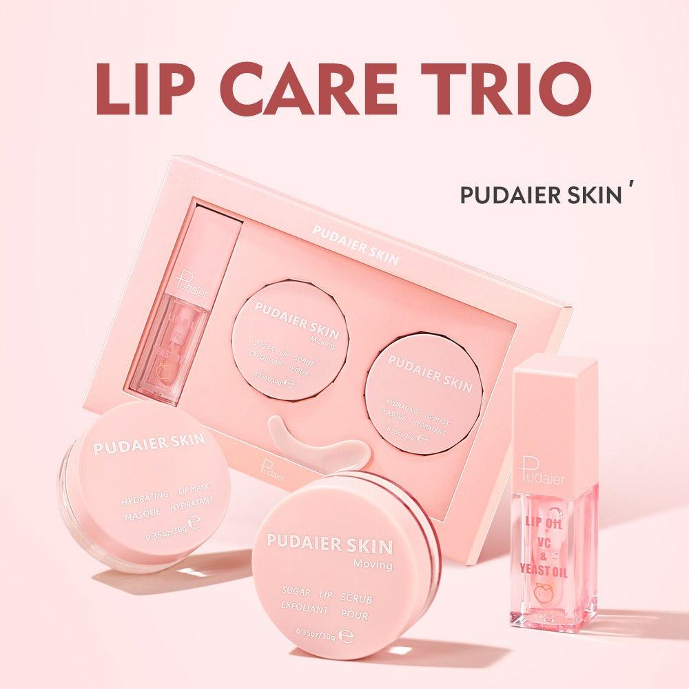 Set de cuidado de labios Pudaier: exfoliante, mascarilla, aceite, lápiz labial