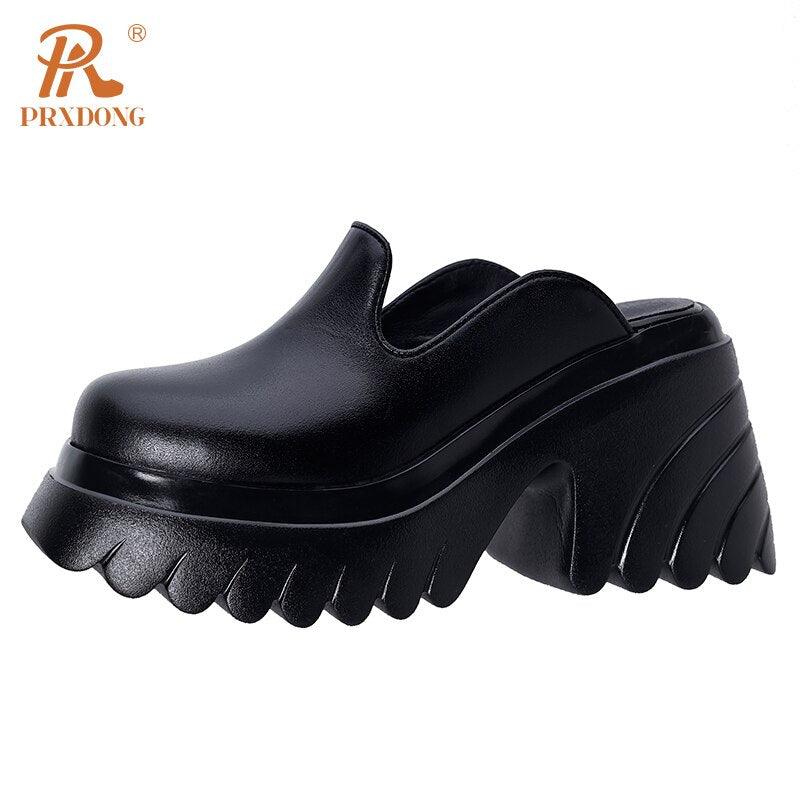 Genuine Leather Chunky Heels - Open Toe Slippers