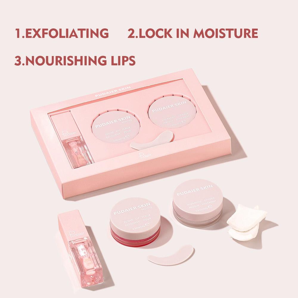 Set de cuidado de labios Pudaier: exfoliante, mascarilla, aceite, lápiz labial