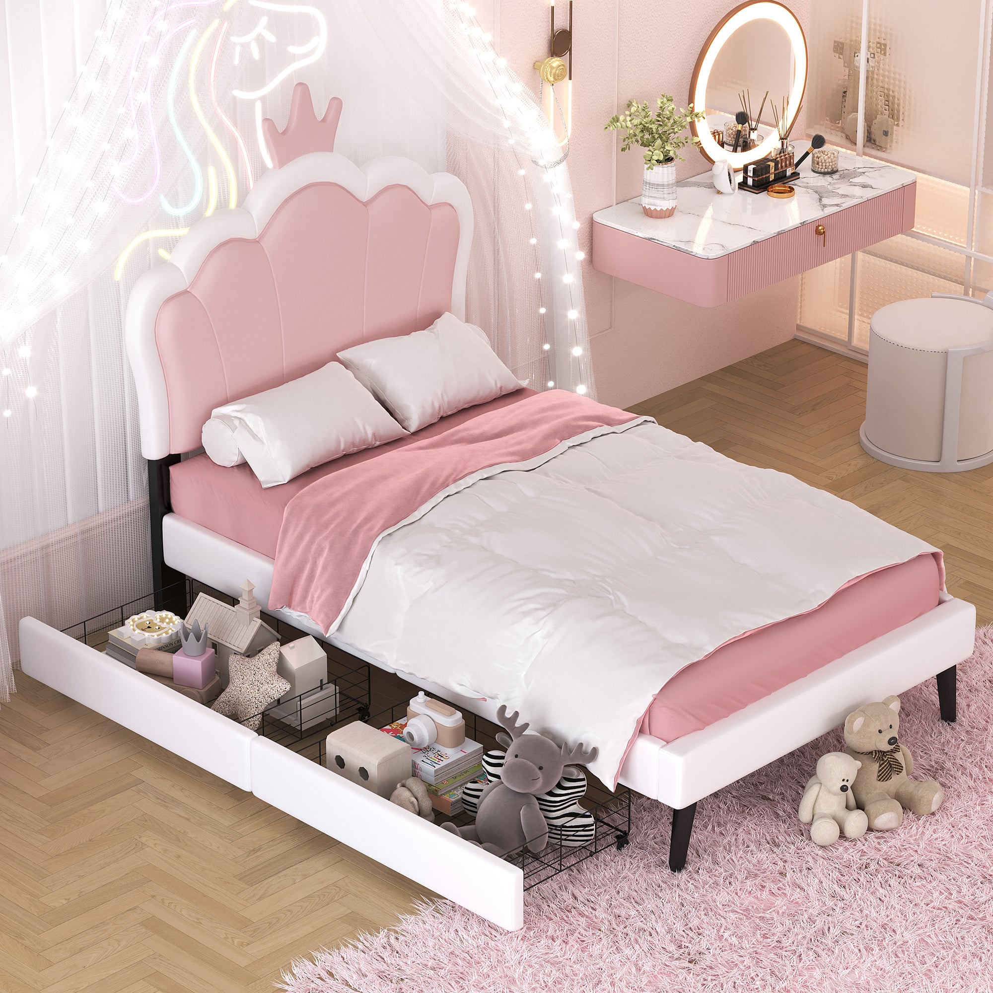 Cama princesa rosa y blanca con cajones