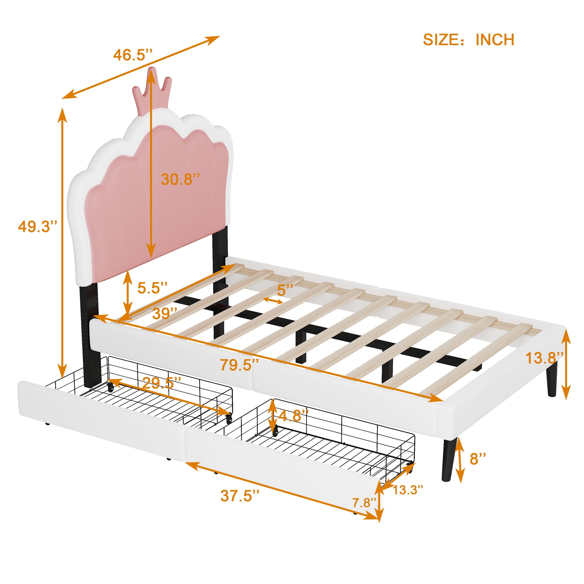 Pink/White Princess Bed with Drawers