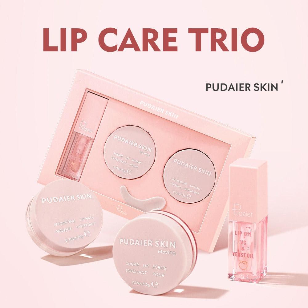 Set de cuidado de labios Pudaier: exfoliante, mascarilla, aceite, lápiz labial