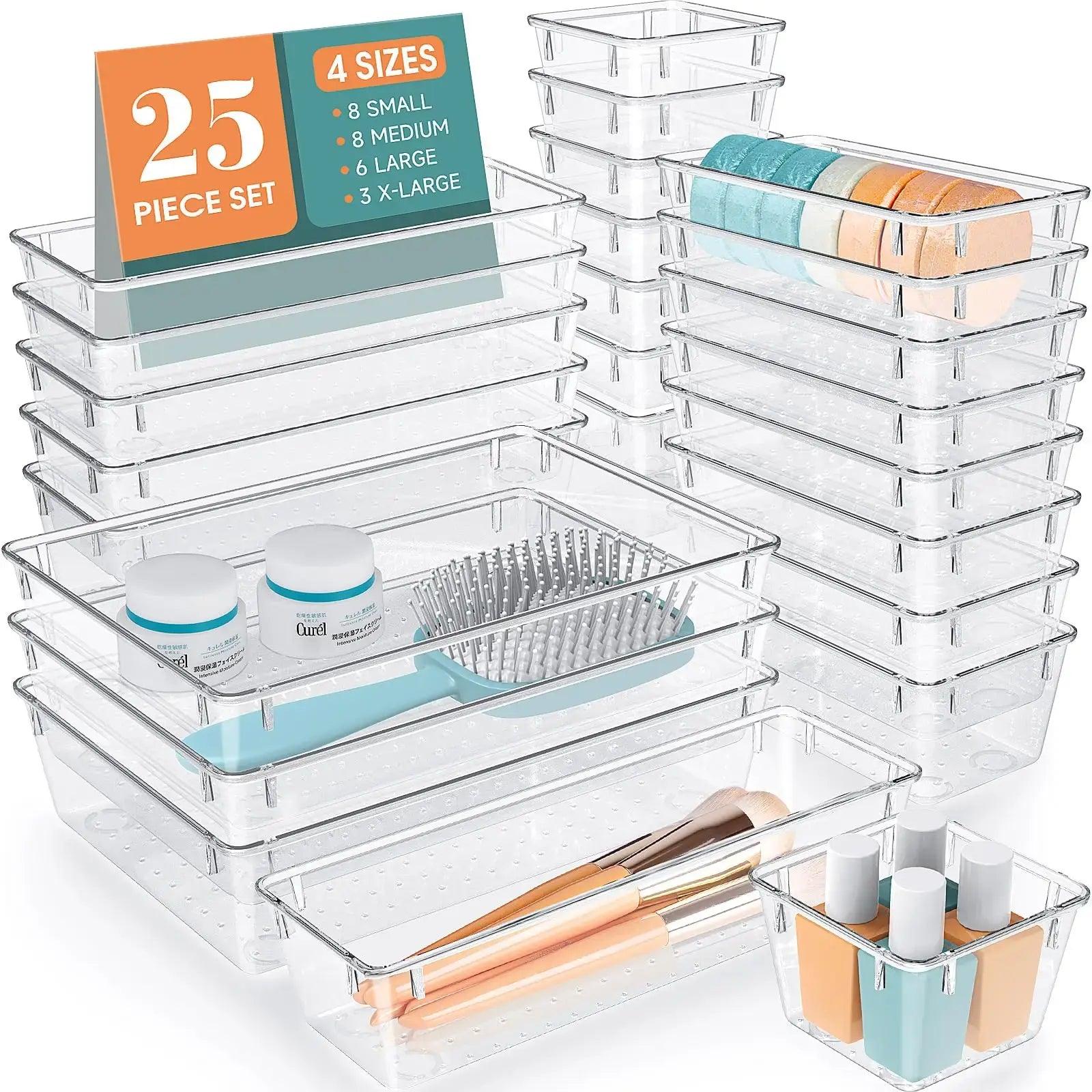 25 Pieces Clear Plastic Drawer Organizer Set