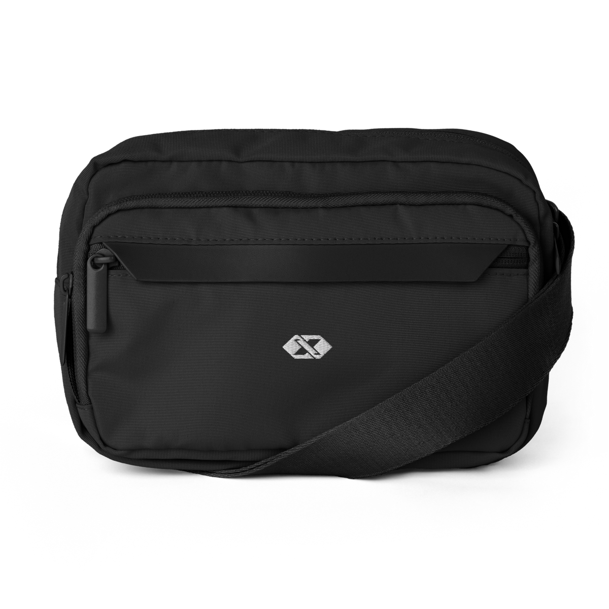 Sac bandoulière Signature noir, vue de face avec emblème X-FUN blanc brodé et sangle réglable.