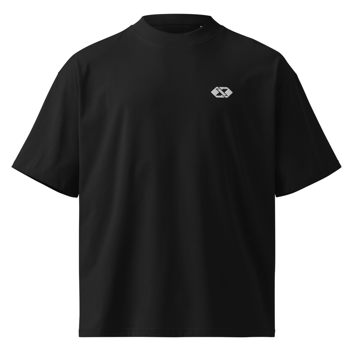 T-shirt ample Signature noir, vue de face avec emblème X-FUN blanc brodé sur la poitrine gauche.