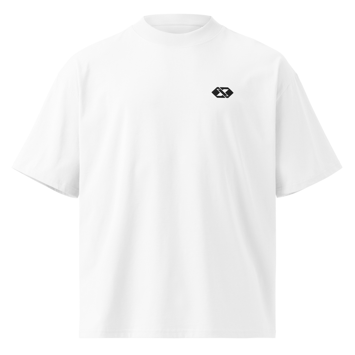T-shirt ample Signature blanc, vue de face, emblème X-FUN brodé noir côté cœur